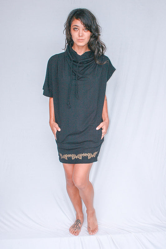 Tao Asymmetrical Top with Gold Print - Deep Black